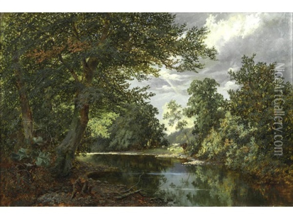 River View With Cattle And Sheep Oil Painting - Walter Wallor Caffyn
