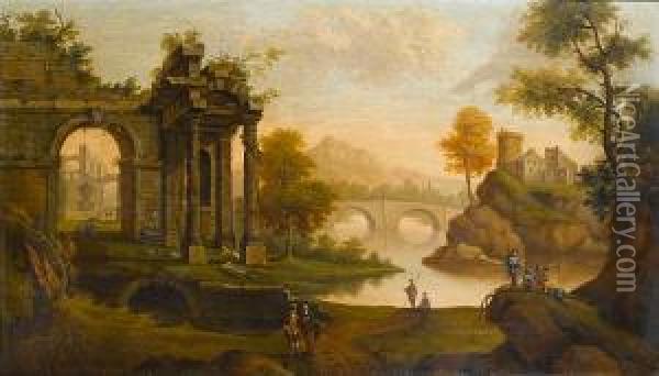 Figures Before Ruins In A River-landscape Oil Painting - Jacob De Heusch