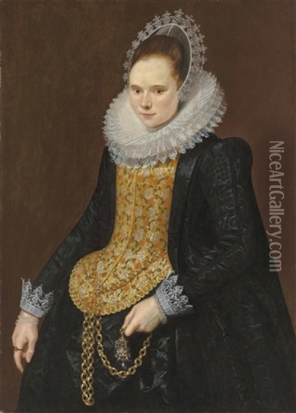 Portrait Of A Lady, Three-quarter-length, In A Black Vlieger Brocade Gown, With An Elongated Embroidered Stomacher And Embroidered Mill Ruff, Holding A Chain Oil Painting - Cornelis van der Voort