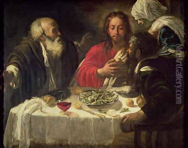 The Supper at Emmaus, c.1614-21 Oil Painting - Follower of Caravaggio, Michelangelo