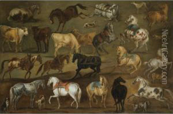 Studies Of Horses, Cows And Dogs Oil Painting - Adam Frans van der Meulen