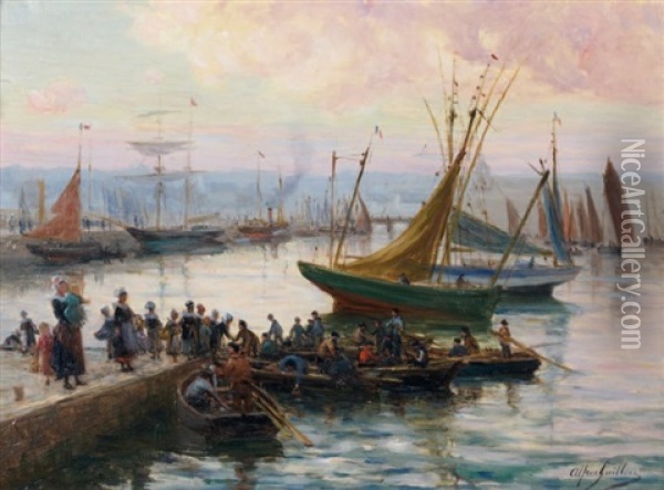 Retour De Peche Dans Un Port Breton Oil Painting - Alfred Guillou