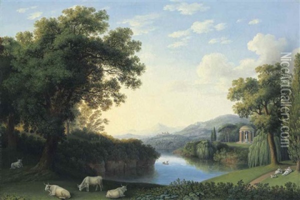 A Capriccio River Landscape Of The Giardino Inglese At Caserta, With Cattle And Reclining Figures Oil Painting - Jacob Philipp Hackert