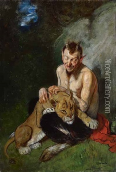 Faun Und Lowin Oil Painting - Adolf Oberlander