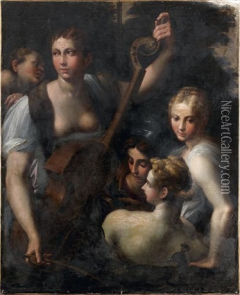 Venus, Minerve Et Junon Ecoutant Une Femme Jouant Du Violoncelle Oil Painting - Toussaint Dubreuil