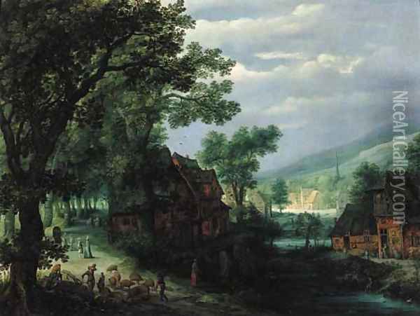 A hamlet by a river, with a swineherd and travellers on a track Oil Painting - Adriaan van Stalbemt