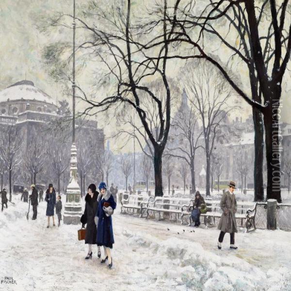 Winter Day In Kongens Nytorv With Two Elegant Women Oil Painting - Paul-Gustave Fischer