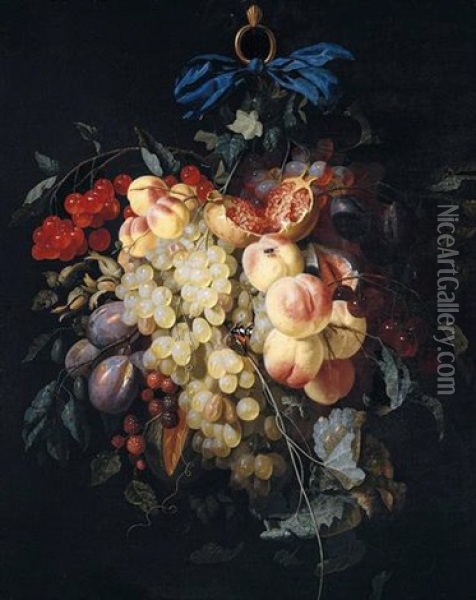 Still Life Of Grapes, Peaches, Plums, Raspberries, And Cherries, Suspended From A Ring, Tied With A Blue Ribbon, Together With A Butterfly And A Fly Oil Painting - Johannes Hannot