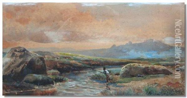 Angler At A Stream With Hills Beyond Oil Painting - Richard Harry Carter