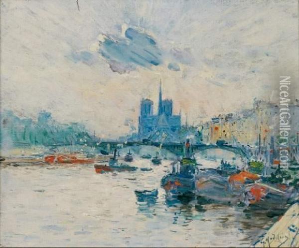 Vue De Notre-dame Et Du Pont De L'archeveche Oil Painting - Gustave Madelain