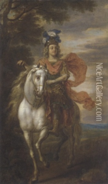 An Equestrian Portrait (johann William, Elector Palatine?) In Classical Military Dress, In A Landscape Oil Painting - Adam Frans van der Meulen