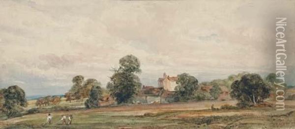 A Landscape With Harvesters In The Foreground Oil Painting - Peter de Wint