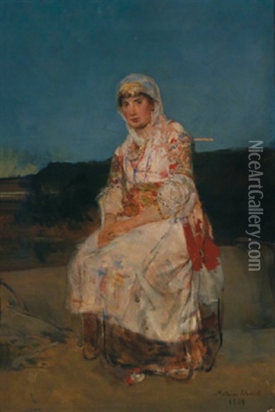 Sitzendes Madchen In Griechischer Tracht Oil Painting - Mathias Schmid
