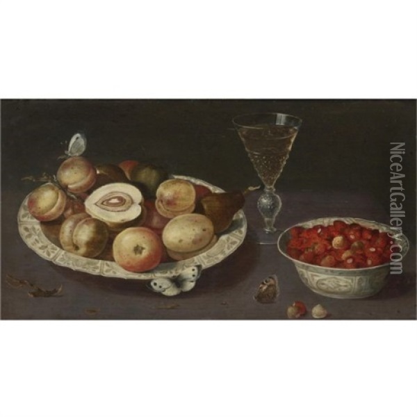 Still Life Of Peaches, Pears And Strawberries In Blue And White Porcelain Bowls With A Glass Of Wine And Butterflies Oil Painting - Osias Beert the Elder