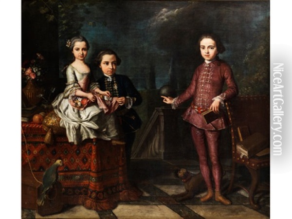 Gruppenportrait Von Drei Adeligen Kindern Oil Painting - Giuseppe Bonito