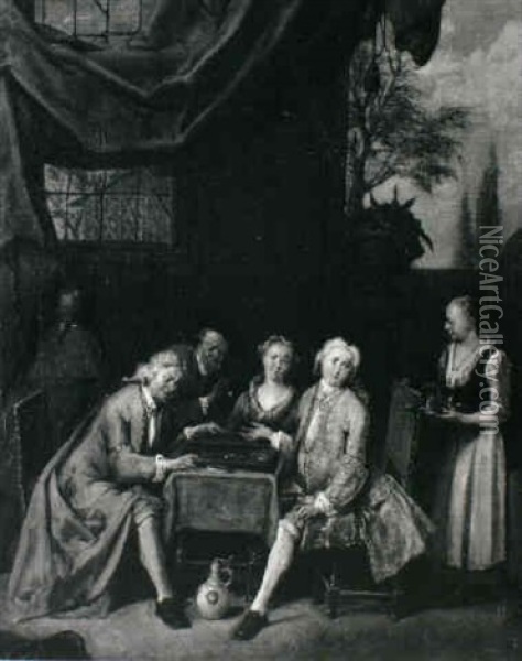 Elegant Company Playing Backgammon Oil Painting - Jan Baptist Lambrechts