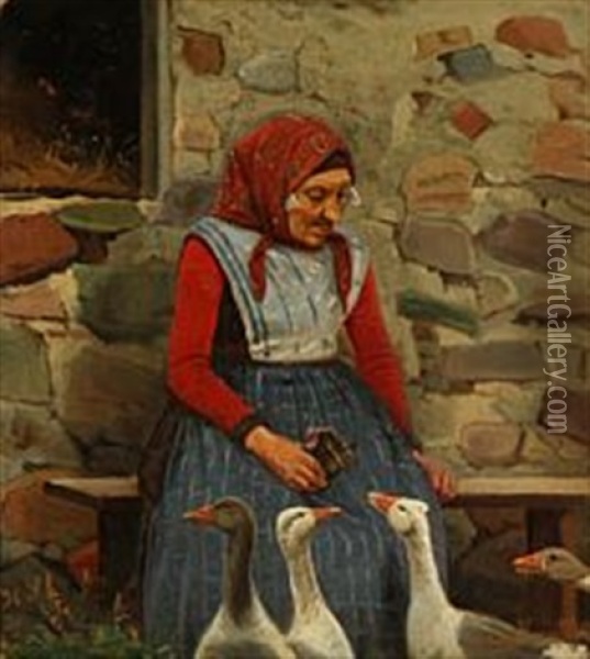 An Old Woman Feeding Geese Oil Painting - Hans Ludvig Smidth