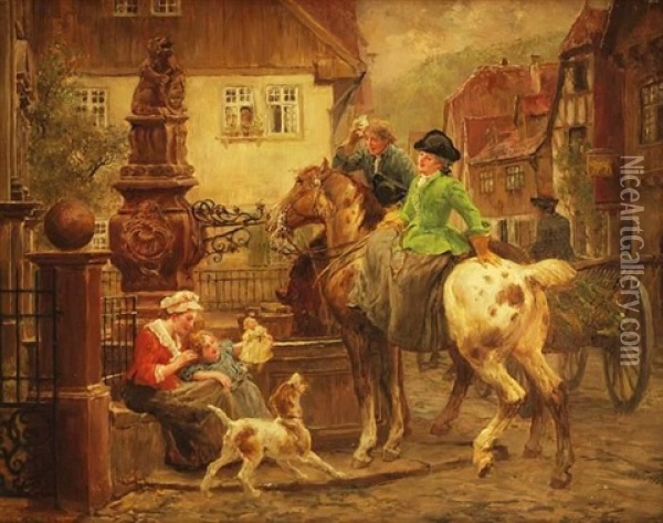 Vielfigurige Szene, Treffen Am Dorfbrunnen Oil Painting - Wilhelm Karl Raeuber