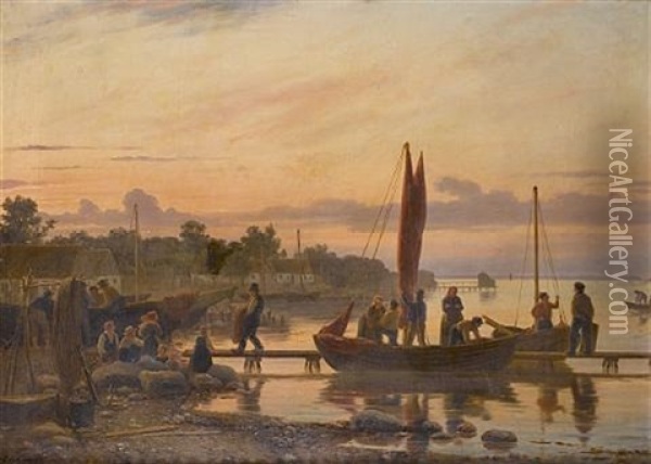 Unloading The Boat, Sunset Oil Painting - Peter (Johann P.) Raadsig