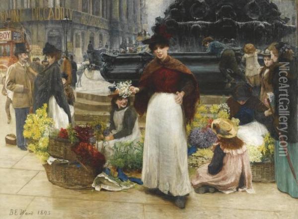London Flower Girls, Piccadilly Circus Oil Painting - Bernard Evans Ward