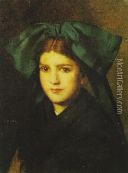 A Portrait Of A Young Girl With A Bow In Her Hair Oil Painting - Jean Jacques Henner