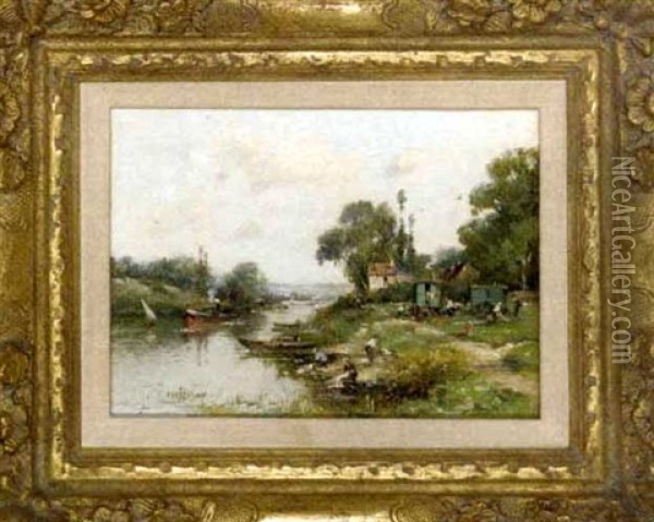 A Gypsy Encampment (+ Boats On A River; Pair) Oil Painting - Maurice Levis