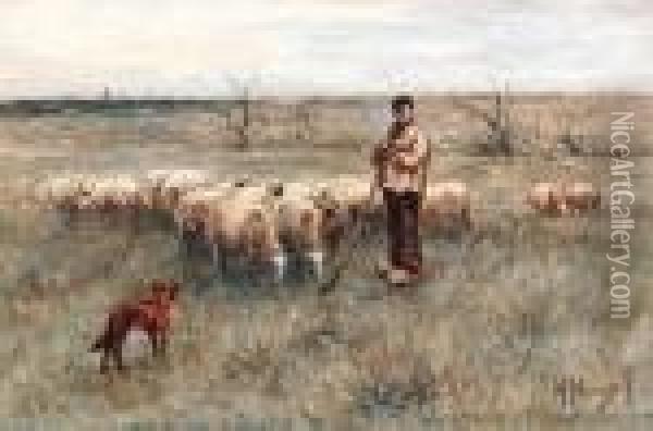 A Shepherd And Flock Oil Painting - Anton Mauve
