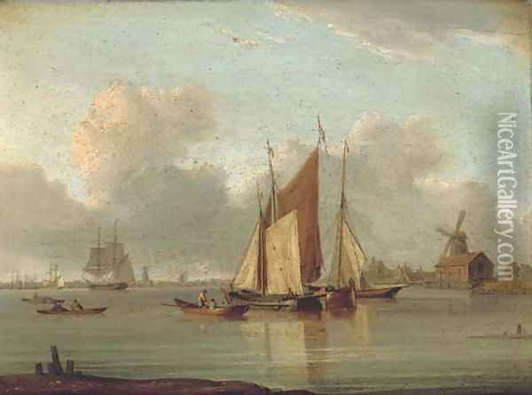 Barges in a calm on the estuary with a trading brig beyond Oil Painting - William Anderson