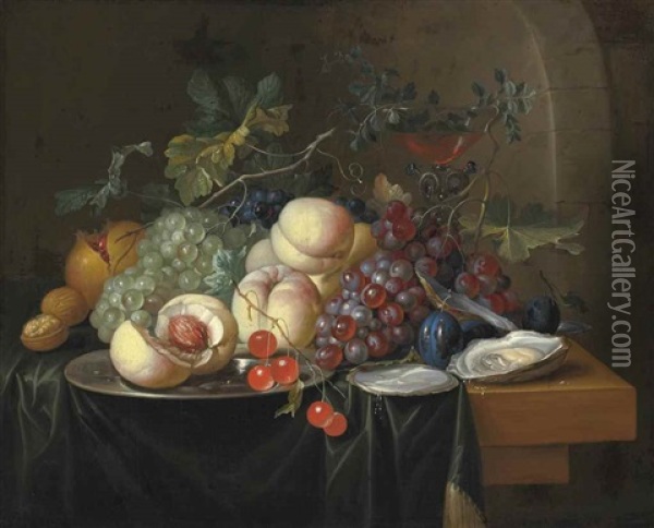Peaches, Grapes, A Pomegranate And Other Fruit With A Walnut, Oysters And A Facon-de-venise Wine-glass On A Draped Wooden Ledge Oil Painting - Alexander Coosemans