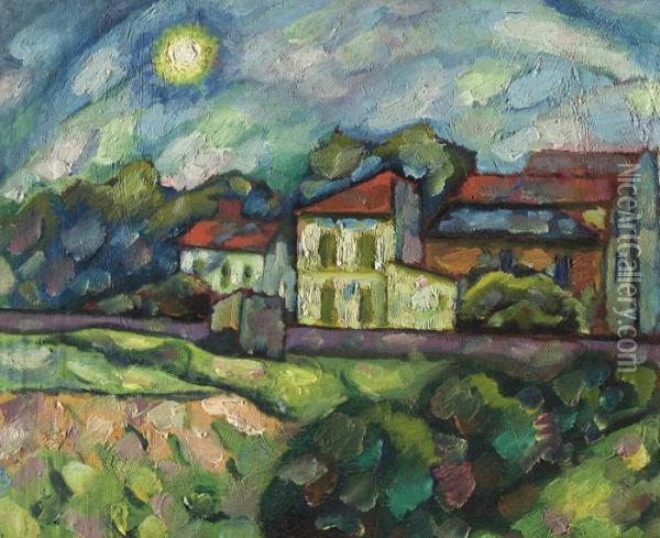Landscape With Red Roofs Oil Painting - Vladimir Baranoff-Rossine