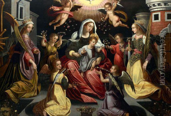 Vierge A L'enfant Entouree 
D'anges Tenant Des Fleurs, Saintecatherine D'alexandrie Et Sainte Barbe Oil Painting - Maarten de Vos