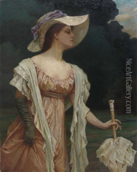 Elegante Dame Mit Schirm In Parklandschaft Oil Painting - Johanna Luise Groppe