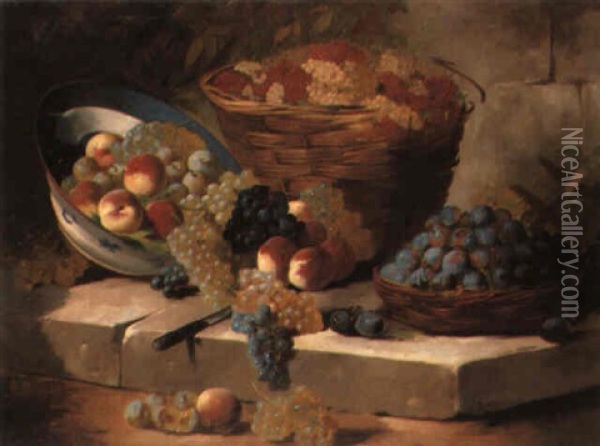 A Basket Of Fruit On A Stone Ledge Oil Painting - Ludovic Regnier