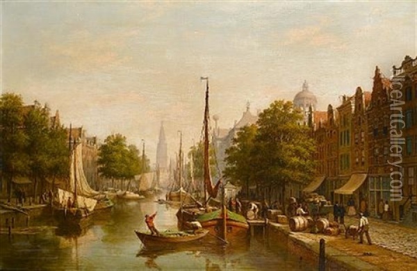 Canal Scene, Amsterdam Oil Painting - Andrew Sheerboom