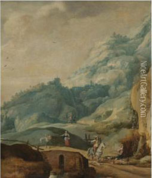 A Mountainous Landscape With A Cavalier And A Huntsman In The Foreground Oil Painting - Frans de Momper