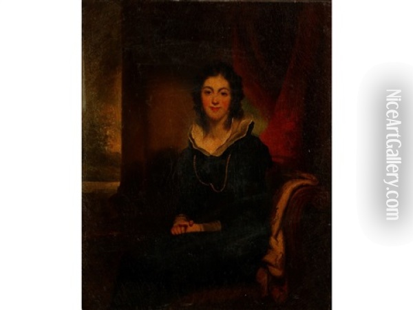 A Portrait Of Catherine Hungerford, Seated In An Interior, Wearing A Gold Guard Chain Over Her Black Dress, Her Clasped Hands Resting On Her Lap, With Red Curtains Behind And A Landscape To The Distance Oil Painting - George Chinnery