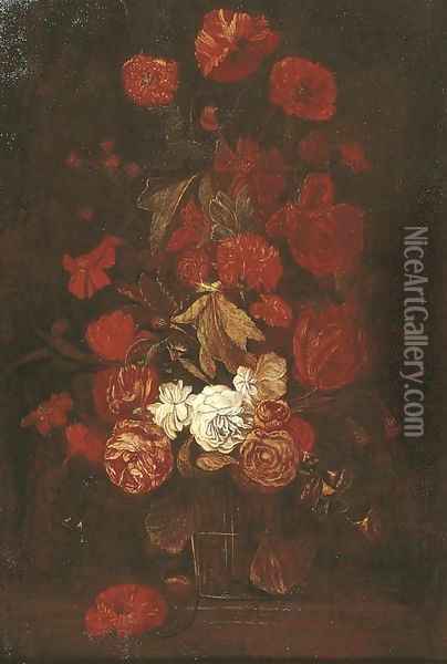 Roses and other flowers in a glass vase on a ledge Oil Painting - Elias van den Broeck