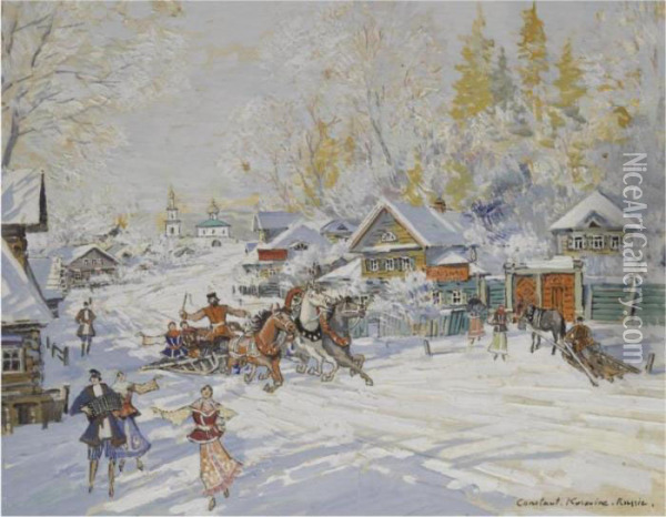 Sunny Winter Landscape With Troika Oil Painting - Konstantin Alexeievitch Korovin