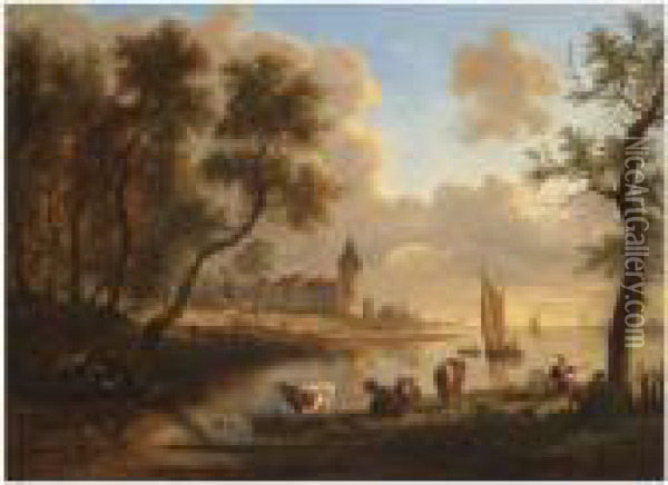 A Dutch River Landscape With Peasants And Cattle Resting By A Stream, A Village Beyond Oil Painting - Frans Swagers