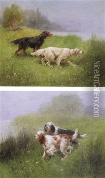 Chiens De Chasse A L'arret Dans Les Hautes Herbes (+ Another, Similar; Pair) Oil Painting - Eugene Petit