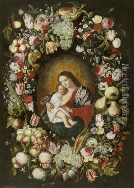 Wreath Of Flowers And Fruits Around An Image Of The Madonna And Child Oil Painting - Phillipe de Marlier