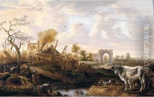 Landscape With Farmhands And Livestock At A Stream, Farm Buildings Beyond Oil Painting - Cornelis Saftleven