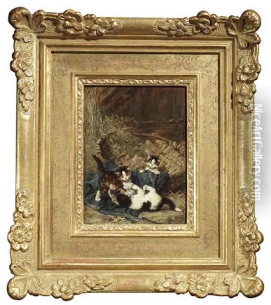Drei Junge Katzchen Spielen Im Stroh An Einem Weidenkorb Oil Painting - Julius Adam the Younger