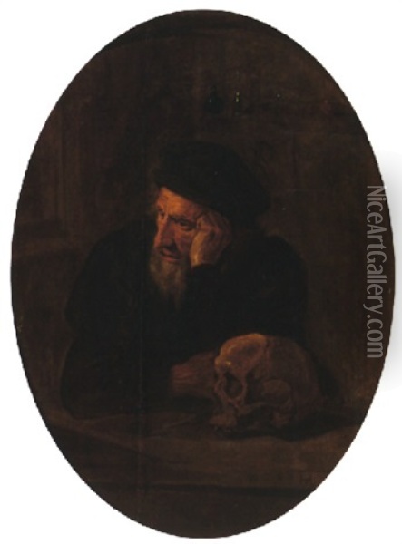 An Old Man With A Skull Oil Painting - Harmen Hals