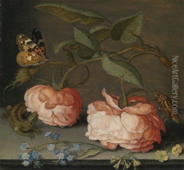 Roses With A Butterfly And A Grasshopper, Together With Forget-me-nots, Primroses And A Sand Lizard On A Stone Ledge Oil Painting - Balthasar Van Der Ast