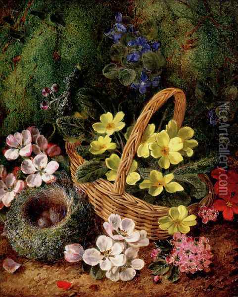 Apple Blossom And A Bird's Nest On A Mossy Bank Oil Painting - George Clare