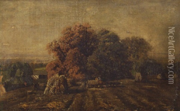 Harvest Landscape With A Wagon Team, People, And Haystacks Oil Painting - Edmund Darch Lewis