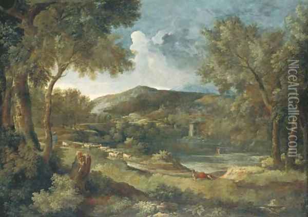 An Italianate river landscape with a shepherd and his flock Oil Painting - Gaspard Dughet Poussin