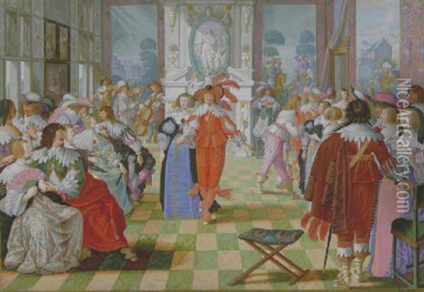 Ladies And Cavaliers In A Ballroom Oil Painting - Friedrich Brentel the Elder