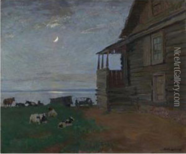 Village At Night Oil Painting - Arnold Borisovic Lakowskij